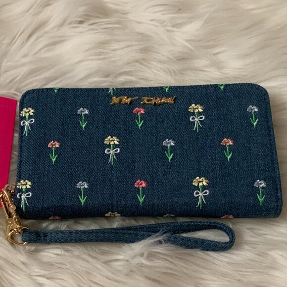 BETSEY JOHNSON Floral Bow Embroidered Denim Wallet Wristlet - Picture 2 of 5